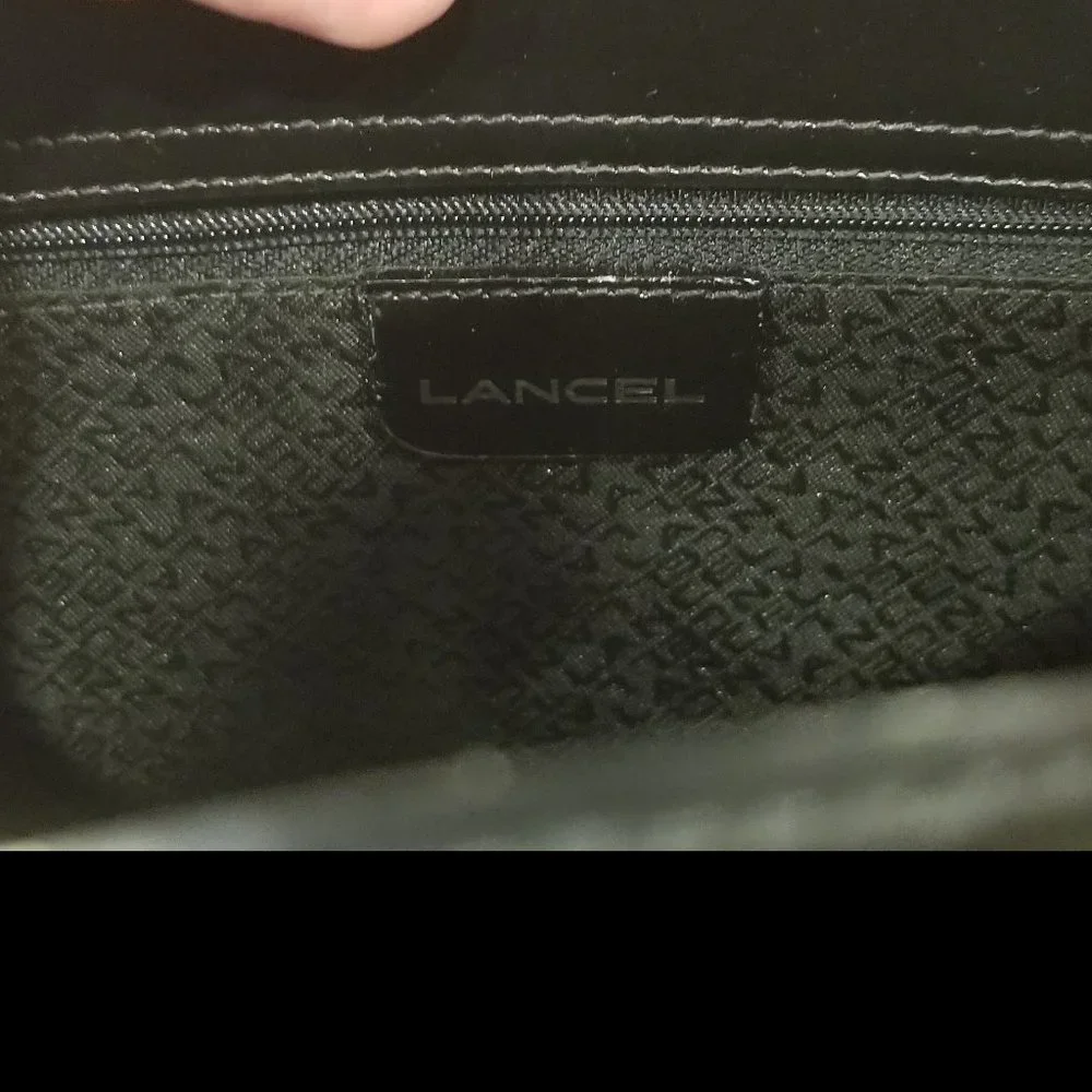 RARE LANCEL PARIS LOGO HERRINGBONE GRAY BLACK LEATHER SILVER HANDBAG BAG PURSE